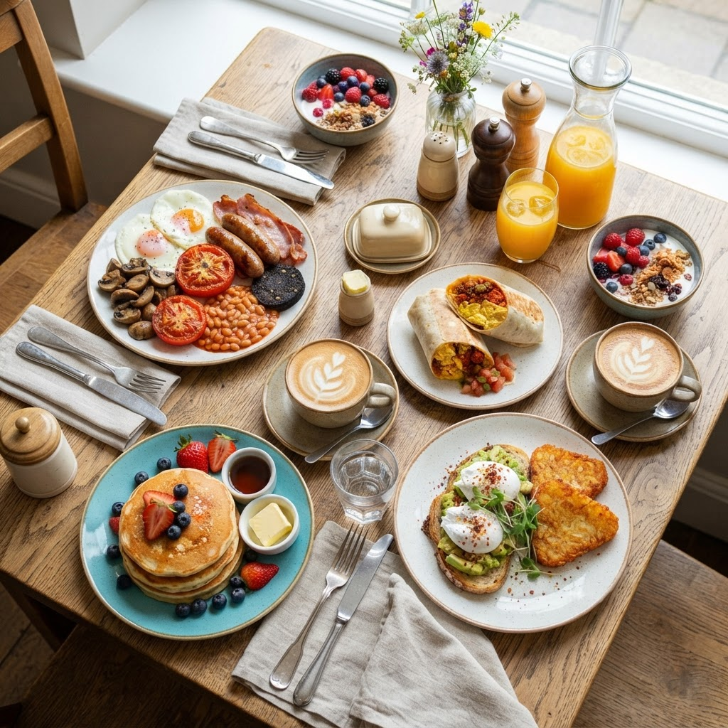 A table full of different breakfast dishes including a full breakfast, pancakes, burritos and toast