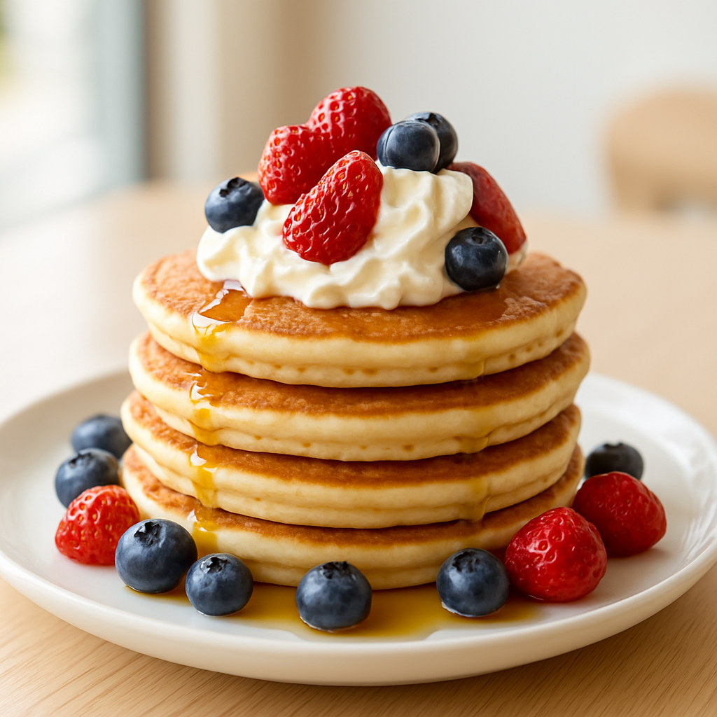 Kids pancakes topped with whipped cream, strawberries and blueberries with maple syrup
