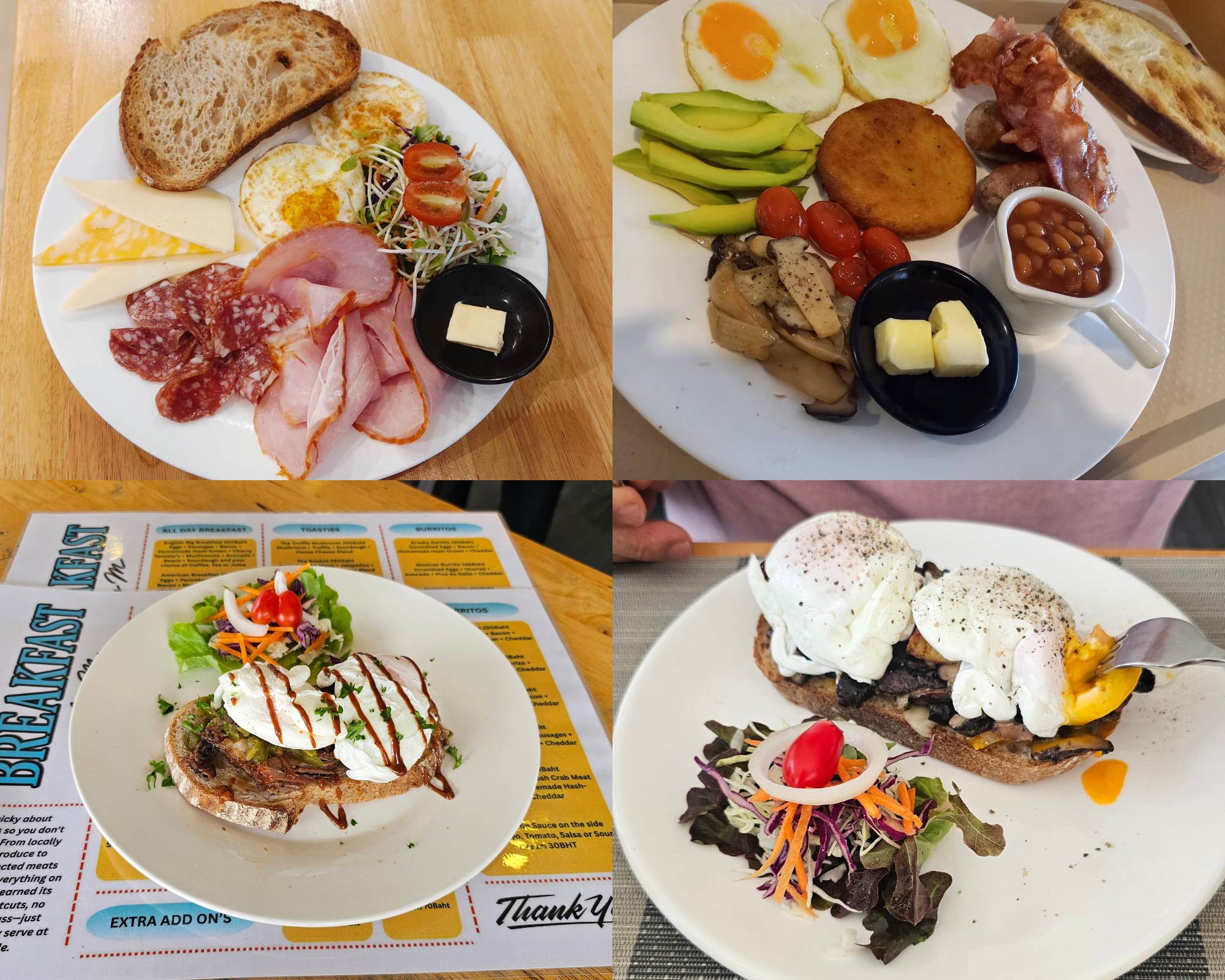 Collage of signature toast and breakfast dishes including sourdough, eggs, avocado, bacon and beans