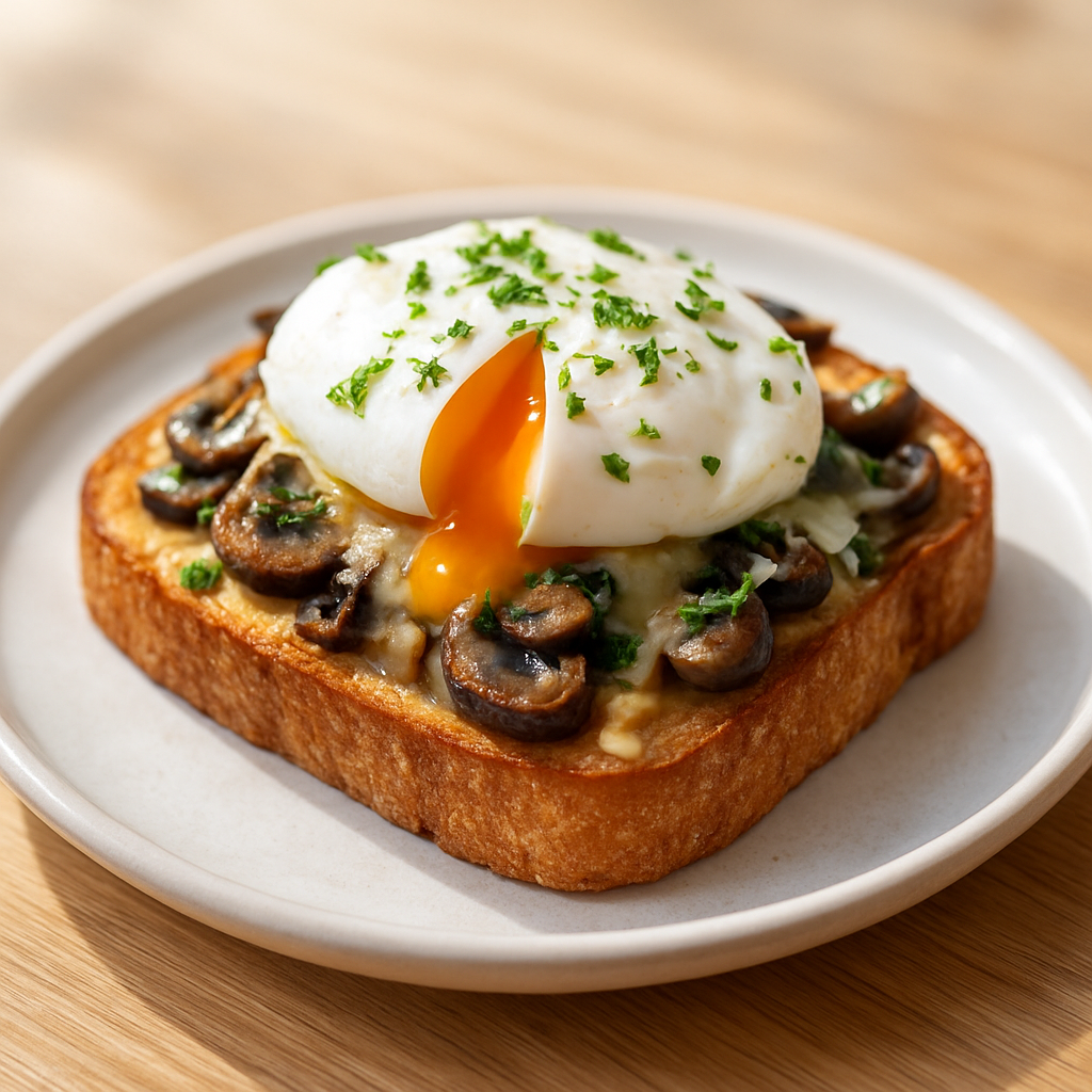 Open-faced signature toast on sourdough with poached egg, mushrooms and melted cheese