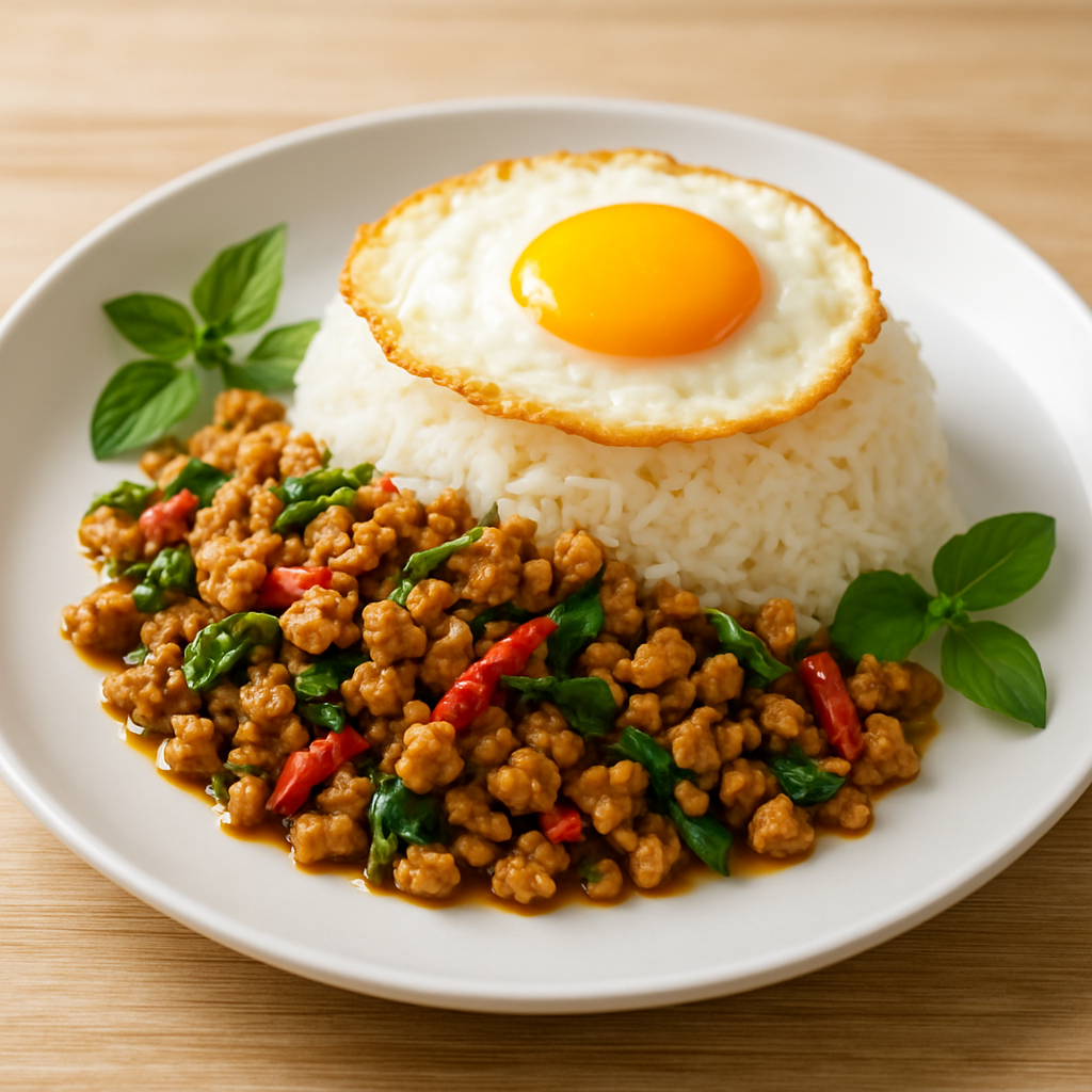 Thai stir-fried basil dish served with rice and a fried egg